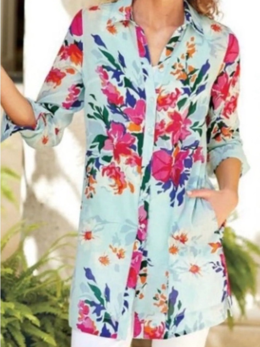 ❤️ Soft Surroundings Day Lilly Light Aqua Floral Button-Up Cotton Tunic